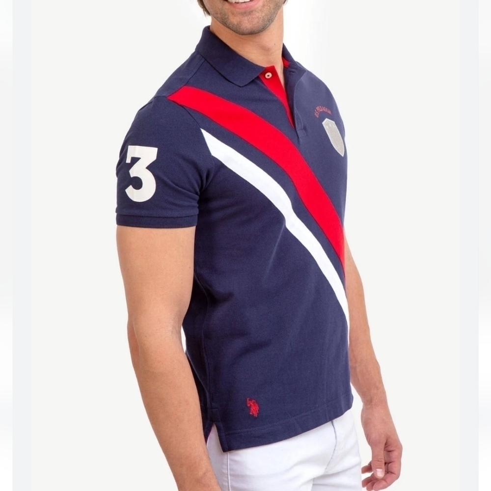 U.S. Polo Assn. Diagonal Stripe Pique Polo Shirt Blue & Red NWT Size XL - Picture 2 of 15